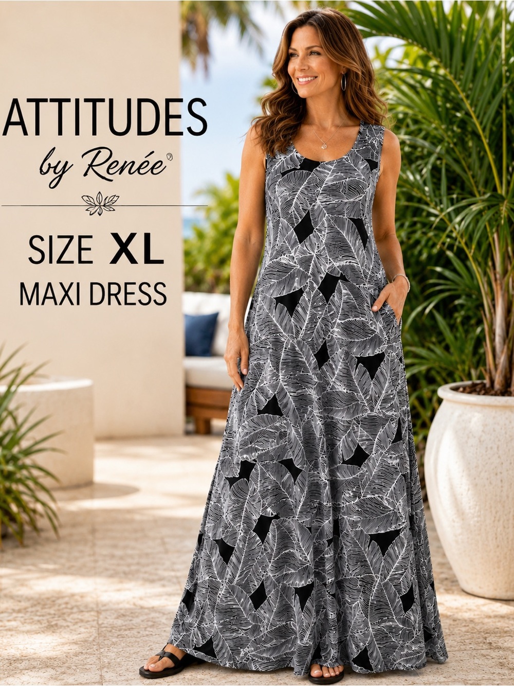 Attitudes by Renée XL Black White Tropical Leaf Print Maxi Dress